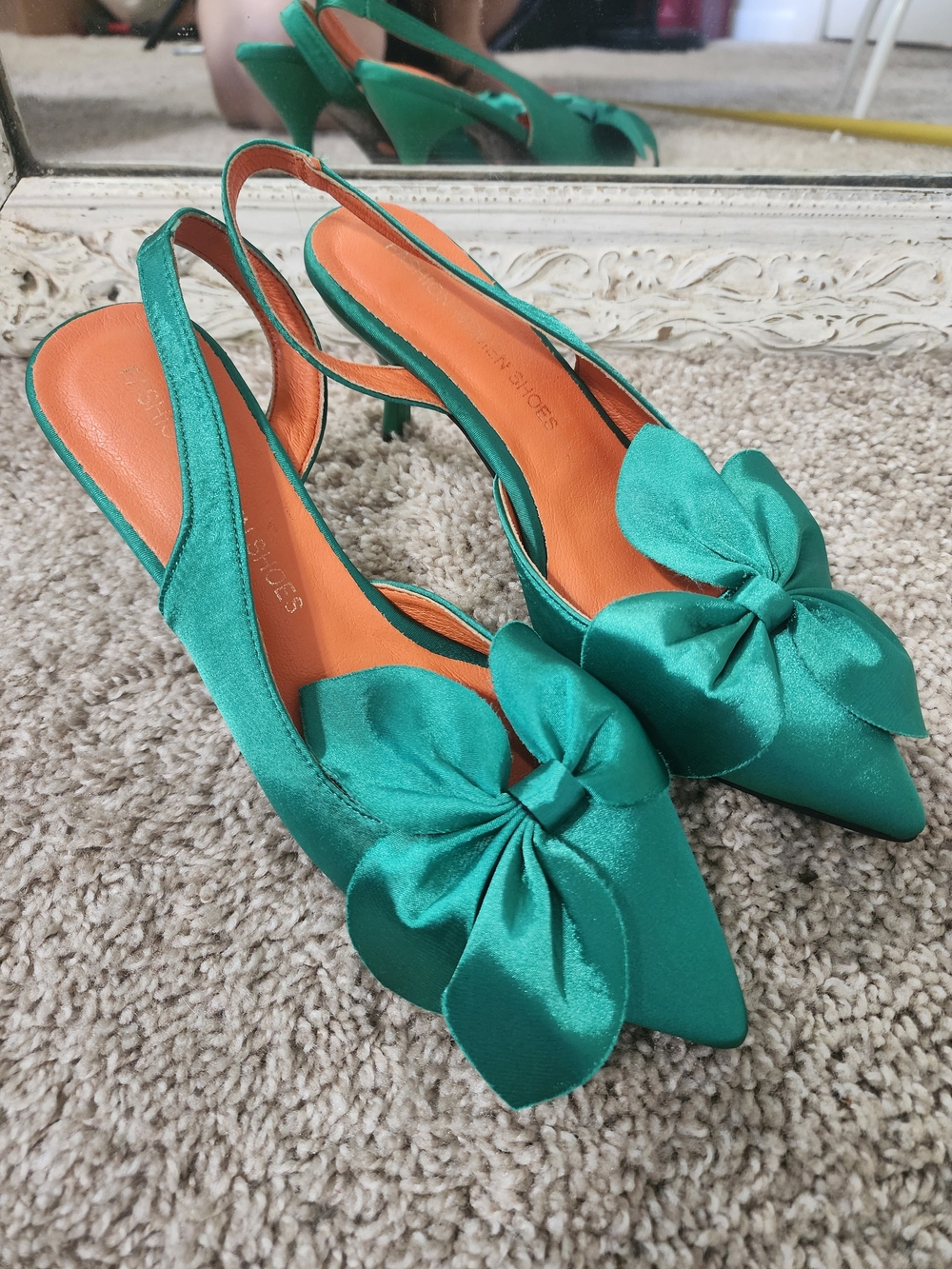 Emerald Satin Slingback Heels with Bow
